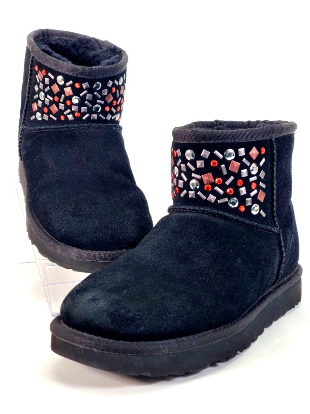 UGG Women's Black Suede Sheepskin Cristal Classic Mini II Stud Boots Size 5 1345 - Picture 10 of 14
